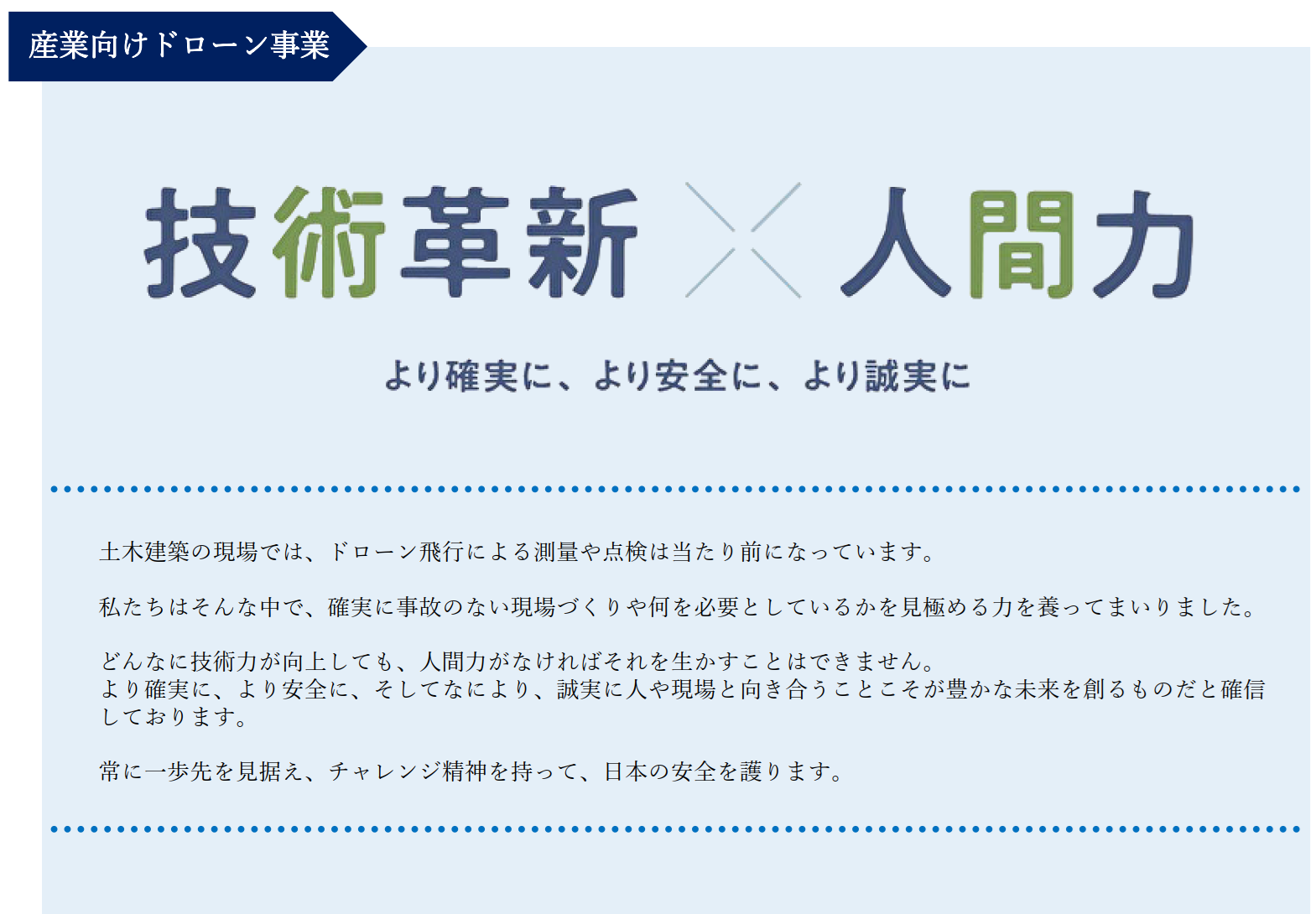 産業向けドローン事業

技術革新×人間力
より確実に、より安全に、より誠実に

土木建築の現場では、ドローン飛行による測量や点検は当たり前になっています。

私たちはそんな中で、確実に事故のない現場づくりや何を必要としているかを見極める力を養ってまいりました。

どんなに技術力が向上しても、人間力がなければそれを生かすことはできません。
より確実に、より安全に、そしてなにより、誠実に人や現場と向き合うことこそが豊かな未来を創るものだと確信しております。

常に一歩先を見据え、チャレンジ精神を持って、日本の安全を護ります。
